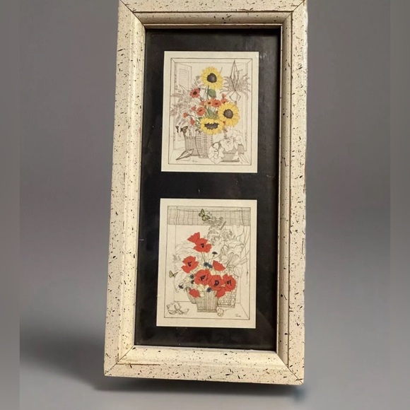 Vintage Framed Prints Signed TARA Poppies Sunflowers Yellow Frame 2 Farmhouse - Picture 1 of 9